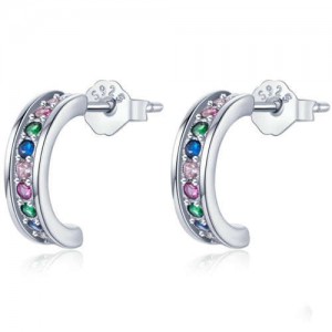 Mini Crescent Colorful Cubic Zirconia Inlaid Wholesale 925 Sterling Silver Earrings - Silver