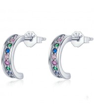 Mini Crescent Colorful Cubic Zirconia Inlaid Wholesale 925 Sterling Silver Earrings - Silver