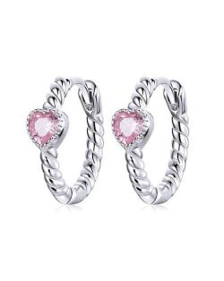 Glistening Heart Shape Pink Cubic Ziconia Wholesale 925 Sterling Silver Huggie Earrings