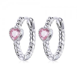 Glistening Heart Shape Pink Cubic Ziconia Wholesale 925 Sterling Silver Huggie Earrings