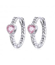 Glistening Heart Shape Pink Cubic Ziconia Wholesale 925 Sterling Silver Huggie Earrings
