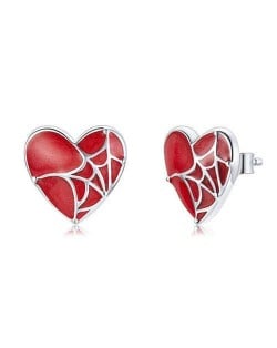 Romantic Spider Web Over Red Heart Wholesale 925 Sterling Silver Earrings