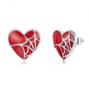 Romantic Spider Web Over Red Heart Wholesale 925 Sterling Silver Earrings