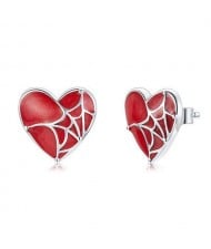 Romantic Spider Web Over Red Heart Wholesale 925 Sterling Silver Earrings