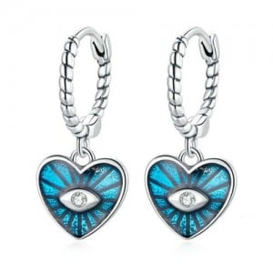 Demon Shining Eye Heart Dangle Oil-spot Glazed Wholesale 925 Sterling Silver Jewelry Huggie Earrings - Blue