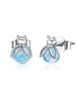 Cute Firefly Blue Glass Gem Wholesale 925 Sterling Silver Women Ear Studs