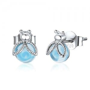 Cute Firefly Blue Glass Gem Wholesale 925 Sterling Silver Women Ear Studs