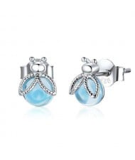 Cute Firefly Blue Glass Gem Wholesale 925 Sterling Silver Women Ear Studs