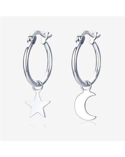 Moon and Star Asymmetric Design Wholesale 925 Sterling Silver Huggie Hoop Earrings