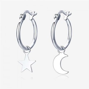 Moon and Star Asymmetric Design Wholesale 925 Sterling Silver Huggie Hoop Earrings