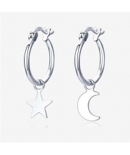 Moon and Star Asymmetric Design Wholesale 925 Sterling Silver Huggie Hoop Earrings