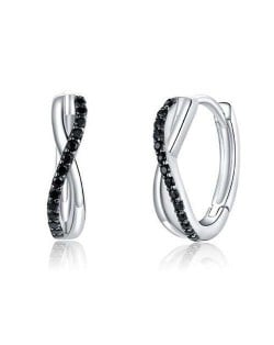 Black Cubic Zirconia Embellished Infinity Sign Wholesale 925 Sterling Silver Jewelry Huggie Earrings