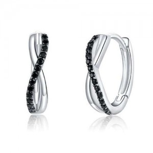 Black Cubic Zirconia Embellished Infinity Sign Wholesale 925 Sterling Silver Jewelry Huggie Earrings