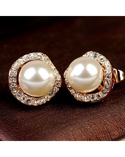 Elegant Rhinestone Surrounded Pearl Ear Studs - Rose Gold