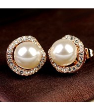 Elegant Rhinestone Surrounded Pearl Ear Studs - Rose Gold