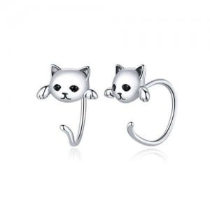 Cute Cat with Black Eyes Unique Design Wholesale 925 Sterling Silver Animal Earrings