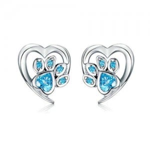 Wholesale Cubic Zirconia Jewelry Animal Footprint Style Heart 925 Sterling Silver Earings - Blue