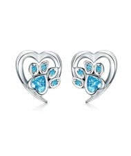 Wholesale Cubic Zirconia Jewelry Animal Footprint Style Heart 925 Sterling Silver Earings - Blue