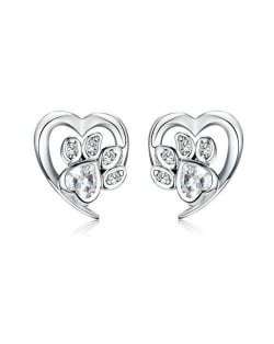 Wholesale Cubic Zirconia Jewelry Animal Footprint Style Heart 925 Sterling Silver Earings - White