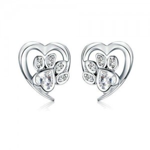 Wholesale Cubic Zirconia Jewelry Animal Footprint Style Heart 925 Sterling Silver Earings - White