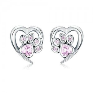 Wholesale Cubic Zirconia Jewelry Animal Footprint Style Heart 925 Sterling Silver Earings - Pink