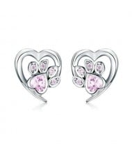 Wholesale Cubic Zirconia Jewelry Animal Footprint Style Heart 925 Sterling Silver Earings - Pink