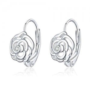 Cubic Zirconia Embellished Hollow-out Three-dimensional Rose Wholesale 925 Sterling Silver Jewelry Huggie Earrings