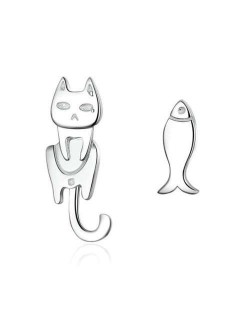 Cute Cat and Fish Unique Design 925 Sterling Silver Asymmetric Earrings