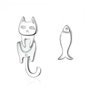 Cute Cat and Fish Unique Design 925 Sterling Silver Asymmetric Earrings