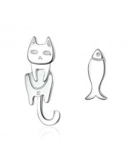 Cute Cat and Fish Unique Design 925 Sterling Silver Asymmetric Earrings