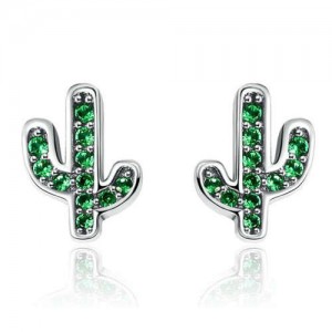 Green Cubic Zirconia Cactus Modeling Wholesale 925 Sterling Silver Earrings