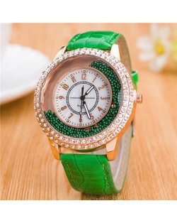 Rhinestone Rimmed with Moving Beads Decoration Design High Fashion Wrist Watch - Green