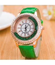 Rhinestone Rimmed with Moving Beads Decoration Design High Fashion Wrist Watch - Green