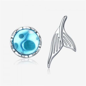 Blue Glass Gem and Mermaid Tail Wholesale 925 Sterling Silver Asymmetric Earrings