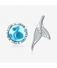 Blue Glass Gem and Mermaid Tail Wholesale 925 Sterling Silver Asymmetric Earrings