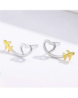 Minimalist Design Cartoon Airplane and Golden Heart Wholesale 925 Sterling Silver Earrings