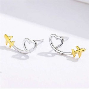 Minimalist Design Cartoon Airplane and Golden Heart Wholesale 925 Sterling Silver Earrings