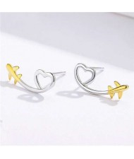 Minimalist Design Cartoon Airplane and Golden Heart Wholesale 925 Sterling Silver Earrings