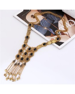 Gems Embellished Chunky Vintage Style Tassel Chains Design Long Fashion Costume Necklace - Golden and Black