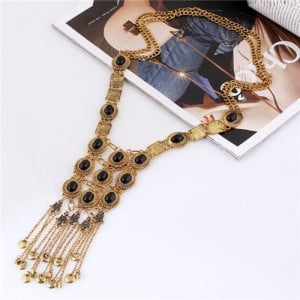 Gems Embellished Chunky Vintage Style Tassel Chains Design Long Fashion Costume Necklace - Golden and Black