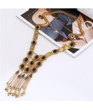 Gems Embellished Chunky Vintage Style Tassel Chains Design Long Fashion Costume Necklace - Golden and Black