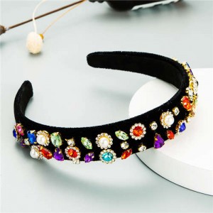 Vintage Baroque Super Shining Multicolor Rhinestone Women Temperament Hair Hoop - Pearl