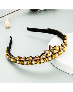 Rhinestone Inlaid Princess Crown Style Flower Design Elegant Hair Hoop - Yellow