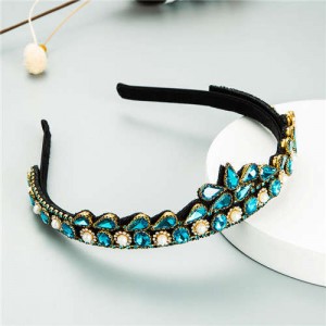 Rhinestone Inlaid Princess Crown Style Flower Design Elegant Hair Hoop - Blue