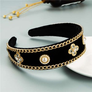 Rhinestone Flowers and Artificial Pearl Vintage Fashion Hair Hoop - Transprent