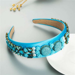 Cookies and Flowers Embellished Colorful Rhinestones Baroque Design Women Hair Hoop - Blue