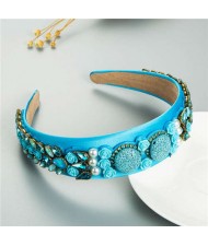 Cookies and Flowers Embellished Colorful Rhinestones Baroque Design Women Hair Hoop - Blue