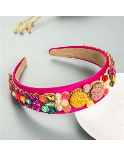 Cookies and Flowers Embellished Colorful Rhinestones Baroque Design Women Hair Hoop - Rose