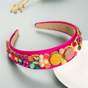 Cookies and Flowers Embellished Colorful Rhinestones Baroque Design Women Hair Hoop - Rose