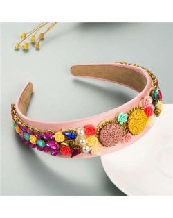 Cookies and Flowers Embellished Colorful Rhinestones Baroque Design Women Hair Hoop - Pink